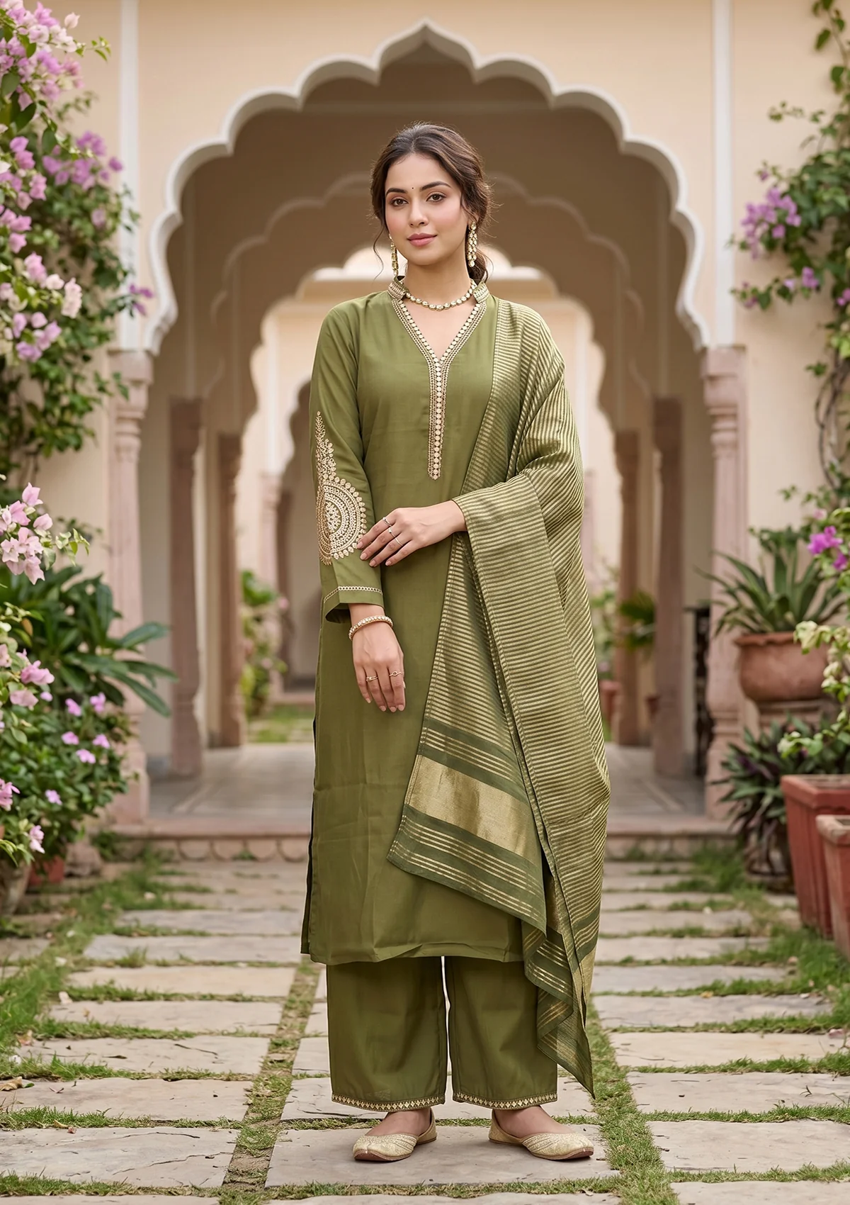 Mehendi Art Silk Cording Straight Kurta With Pant Regular And Dupatta